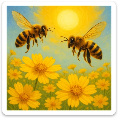 Two bees flying over yellow flowers with a sun in the background, vibrant yellow flowers and bright sun, black and yellow bees, variation 2 sticker