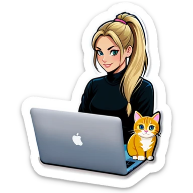 Blonde girl ponytail macBook and a cat sticker