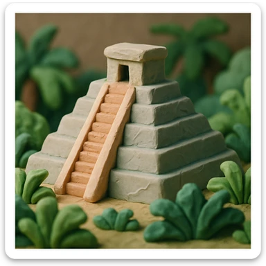 Mayan temple in 3D claymation style, pastel colors, visible fingerprints, surrounded by foliage sticker