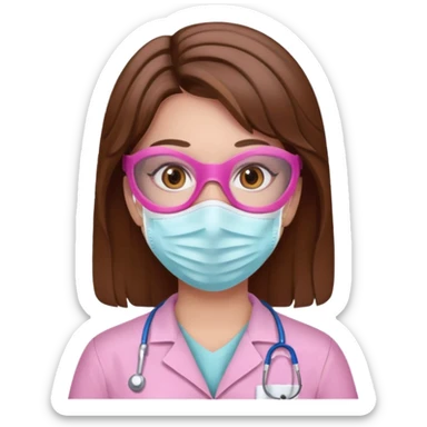 Dentista mujer con mascarilla rosada, cabello marron, piel blanca, camisa rosada, ojos marrones, sin lentes sticker