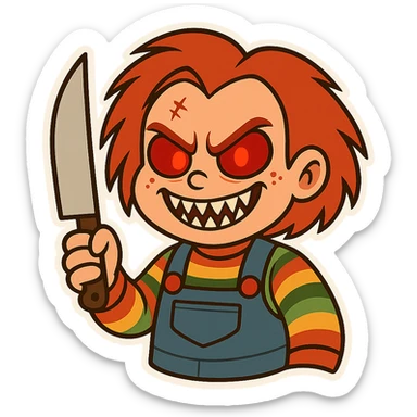 Make Chucky scarier by exaggerating the grin, adding sharp teeth, glowing red eyes, and a more evil expression in a cartoon style. Keep the red hair, striped shirt, and overalls. sticker