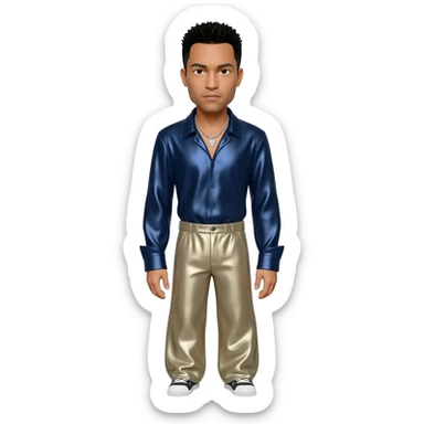 Chino Moreno with black hair, navy blue metallic shirt, beige metallic baggy pants, silver necklace sticker