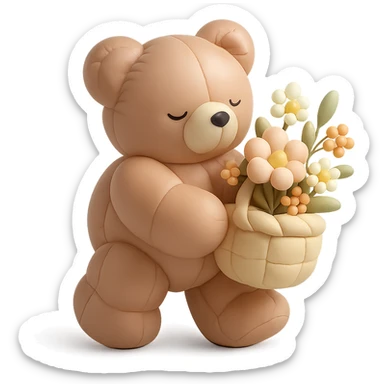bear carrying a basket of wildflowers, soft pastel brown and cream, cushion style sticker