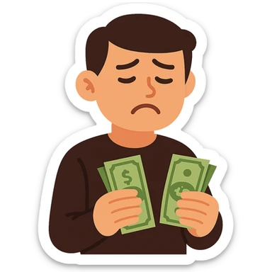 flat toon style dark brown haired guy with a round face, disappointed expression, holding cash sticker