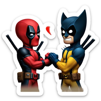 Deadpool and wolverine making a heart hands sticker
