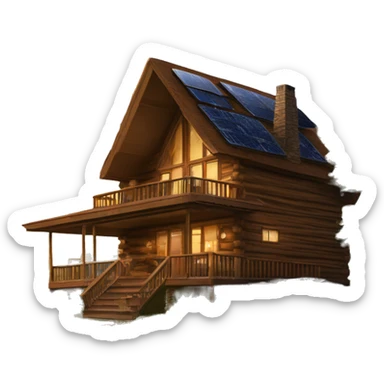 Skywalker Cabin is a very Very big Wood Cabin near tree on the mountain in the background. The cabin is 5 stories tall with extensive solar arrays on top. The cabin sits on thick grass fields. porch lights on ,guests on porch smoking ,flowers and bushes  sticker