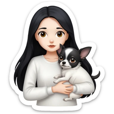 Fair skin girl - long black hair - white clothes - hugging a black chihuahua sticker