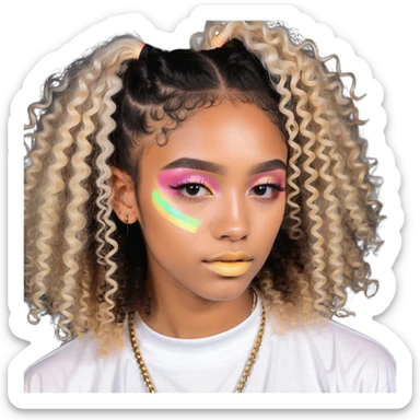 curly hair, light brown skin, baby hairs, highlighter makeup, Y2K and sportlife style sticker