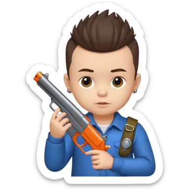 Brunette male baby with Mohawk hair and gun sticker