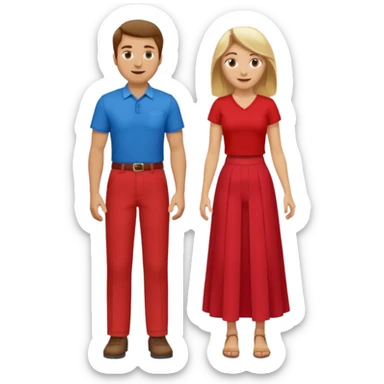 Two people dancing. Man in red shirt and  red pants with brown hair. Women in blue shirt and long skirt with blond hair. Having fun. sticker