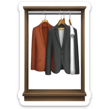 Design an emoji-style icon of an open wardrobe with clothes hanging inside. Include details like a wooden frame, hangers, and only black or white different clothing items such as shirts or any other clothing . Use a clean and minimalistic design. sticker