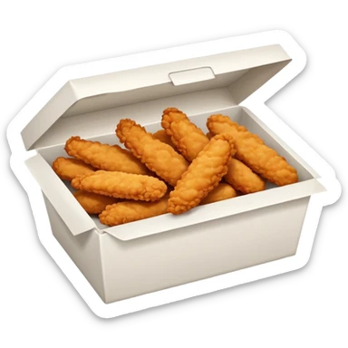 a frontal rectangular white box with no lid, filled with crispy fried chicken fingers sticker