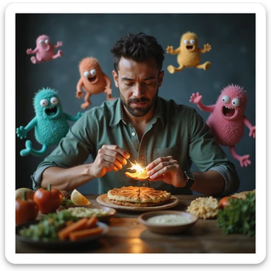 hyperrealistic 4K image of a man eating mindfully, food surrounded by glowing nutritional labels, gut microbiome characters cheering, Zen-inspired background, reference image for likeness sticker