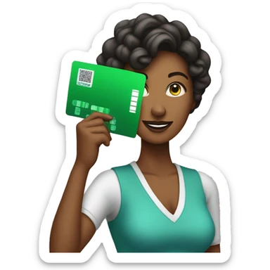 Woman in her 30s holding a green card machine sticker