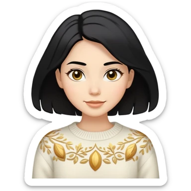 A woman with shoulder-length black hair, light to medium skin tone, full cheeks, and almond-shaped eyes, wearing a white sweater with gold design, lying comfortably on a bed with soft lighting, joyful and radiant expression. sticker