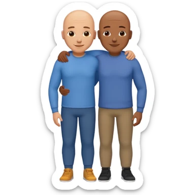 two fit bald men of different heights embracing, warm and positive, emoji style sticker