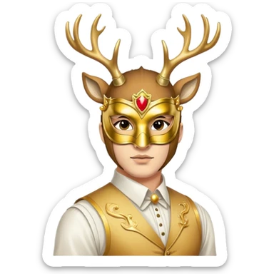 a man, with a vest,  wear half-face golden Deer masquerade mask sticker