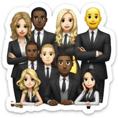 Exclusic club guys and girls wearing suits and hanging around they are light skinned and white a table sticker