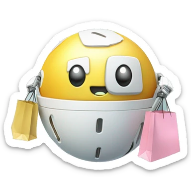 cute white floating spherical happy robot with floating shopping bags sticker