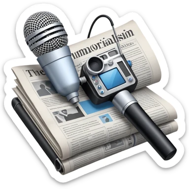 An icon featuring a microphone, a newspaper, a reporter’s camera, and soundwaves, representing journalism and mass media. The design includes headlines and imagery, symbolizing the spread of news and information. Transparent background highlights the power of communication and media. sticker