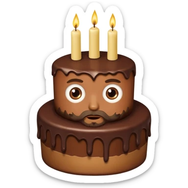 chocolate birthday cake with eyes and thin candles and blond beard sticker