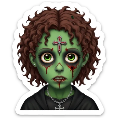Zumbi verde com olhos castanhos aspecto de que tá sangrando, com cabelo castanho cacheado um piercing do lado esquerdo do nariz, roupa preta e crucifixo como colar, e também delineador  sticker