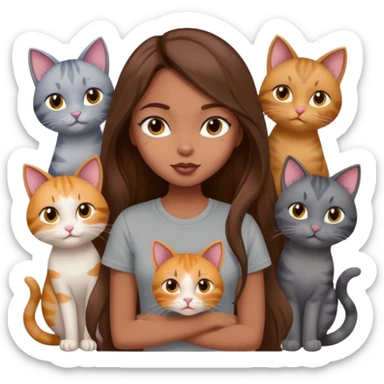 a pretty bratz dusky girl with long brown hair with six cats nd wearing a grey tshirt sticker