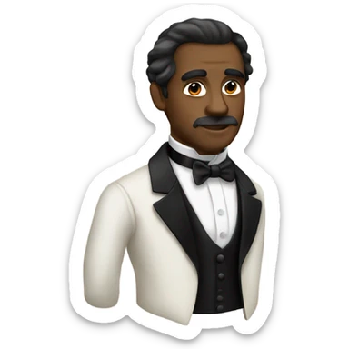 19th century white writer in a black tuxedo with a bow tie sticker