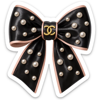 Remove the background, keep only the elegant bow with pearls and gold Chanel logo, glossy, pastel colors, realistic style, with no background. black pink sticker