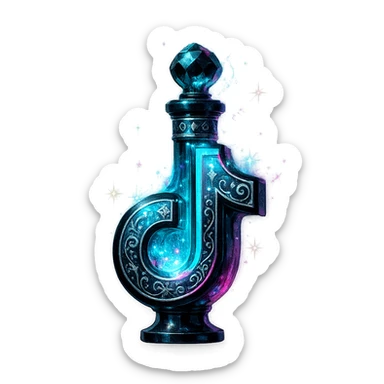modernus prabangus eliksyro buteliukas, TikTok logotipo forma, juoda, žydra ir rožinė spalvos, holografiniai ir sidabriniai ornamentai, itin stiprūs magiški švytėjimai ir efektai, labai mažas kaklelis, skaidrus fonas, vientisas dugnas, be šešėlio, plūduriuoja ore, kolekcijos stilius sticker