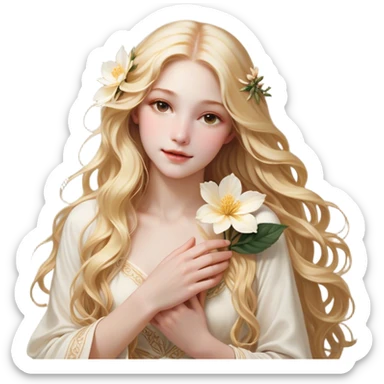 Cinematic Realistic Rapunzel Portrait, with porcelain-like skin featuring a subtle, natural glow, illuminated by soft lighting that brings out the gentle contours of her face. Her long, golden blonde hair cascades in detailed waves, each strand highlighted with a radiant shimmer as it catches the light. She playfully holds a flower in one hand, her other hand resting casually in her lap, with a warm and spirited expression. Her bright, expressive green eyes exude curiosity and warmth, framed by delicate lashes and soft, arched brows. She is dressed in her classic lavender and pink gown, the fabric textured with delicate folds that flow naturally, catching the light with a soft, radiant glow. The portrait captures a luminous, enchanting aura, seamlessly blending realism with a whimsical, fairytale charm, evoking a timeless sense of beauty and magic. sticker