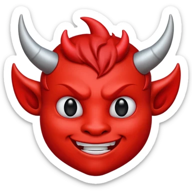 CARTOON STYLE EMOJI of a RED DEVIL FACE with small HORNS pointing up, BLACK EYES, and a MISCHIEVOUS SMILE. The entire face is RED with a smooth glossy texture. BACKGROUND is PURE WHITE, clean and simple. sticker