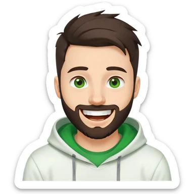 laughing guy with white hoodie, green t-shirt underneath, green eyes, dark brown undercut hairstyle and a short full beard sticker