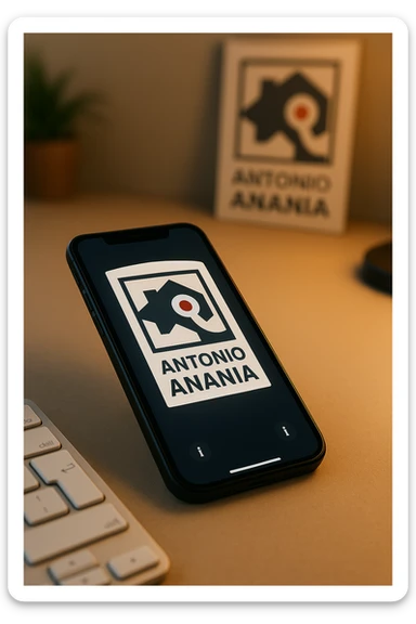 A photo of an iPhone on the desk with the message "Antonio Anania" on its screen, The phone sits atop a desk with a blurred background that suggests work environment. A faint glow from above casts gentle shadows across the surface of each object, creating depth and highlighting their textures sticker