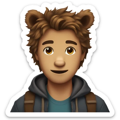 bear boy with messy brown hair, animal ears and nose, fangs sticker
