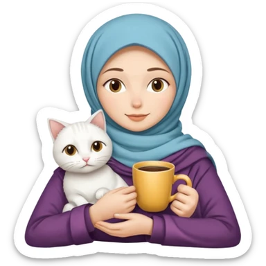 hijap bayan elinde kahve ve battaniyesi ve kucagında beyaz kedi sticker