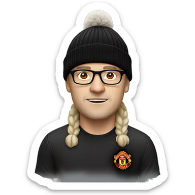 a white-skinned man in a black winter hat, with horns and wearing glasses and a Manchester United T-shirt sticker