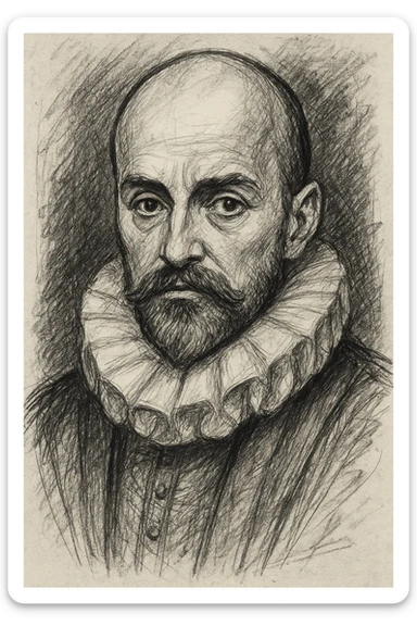 a hand drawn black outline portrait of philosopher Montaigne with similar-sized eyes based a famous portrait of him sticker