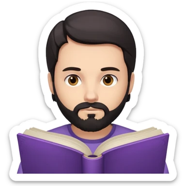 young white man with black beard, straight hair, brown eyes reading a lilac book sticker