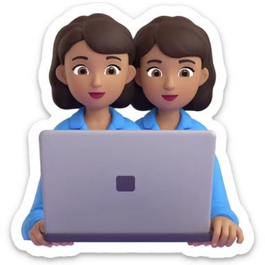 memoji-style girl with dark complexion and short dark hair, working on a laptop, expressive and playful sticker