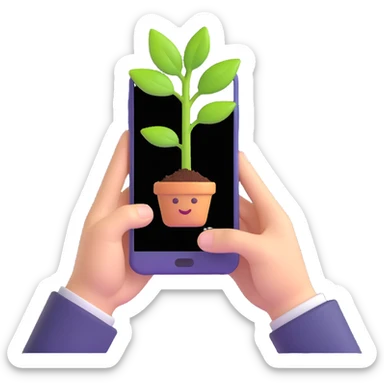 hands holding a plant sprouting from a smartphone, 3D emoji style, colorful, smooth sticker