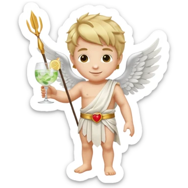 Cupid (with wings) with his arrow in his right hand, mixing a glass of Gin Tonic in his left hand sticker