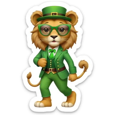 friendly anthropomorphised female lion dressed for St. Patrick's Day in green outfit with festive accessories, dark sunglasses, walking upright with confident stride sticker
