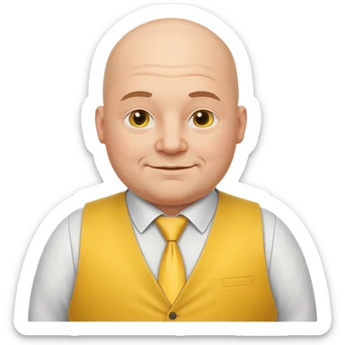 fat, bald European boss emoji, gentle smile, yellow tie, vest, friendly sticker