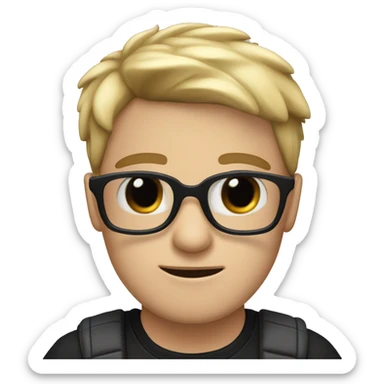 white male with blue eyes, black glasses, black cap and black t-shirt crying sticker