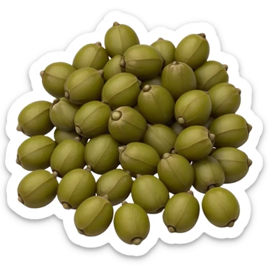 small pile of capers, olive green and muted brown, slightly wrinkled, some with tiny stems, matte to lightly glossy, brined appearance, no extras, soft lighting, emoji scale sticker