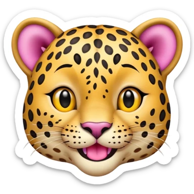 A leopard with big smile. A pink flower with a yellow center is tucked behind its right ear, no tongue
 sticker