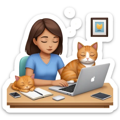 A girl is working hard in front of her laptop, and a cat is sleeping next to it sticker