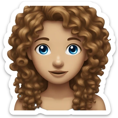 a girl with brown long curly hair, blue eyes and a big  sticker