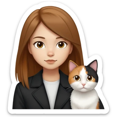Light-skinned girl with brown straight hair wearing a black jacket, along with one pure white cat and one calico cat sticker